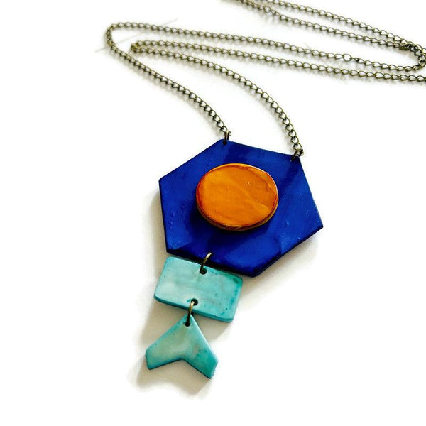 Unique Geometric Pendant Necklace in Blue Yellow - Sassy Sacha Jewelry