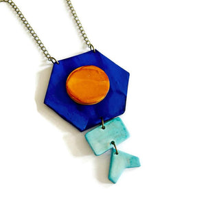 Unique Geometric Pendant Necklace in Blue Yellow - Sassy Sacha Jewelry