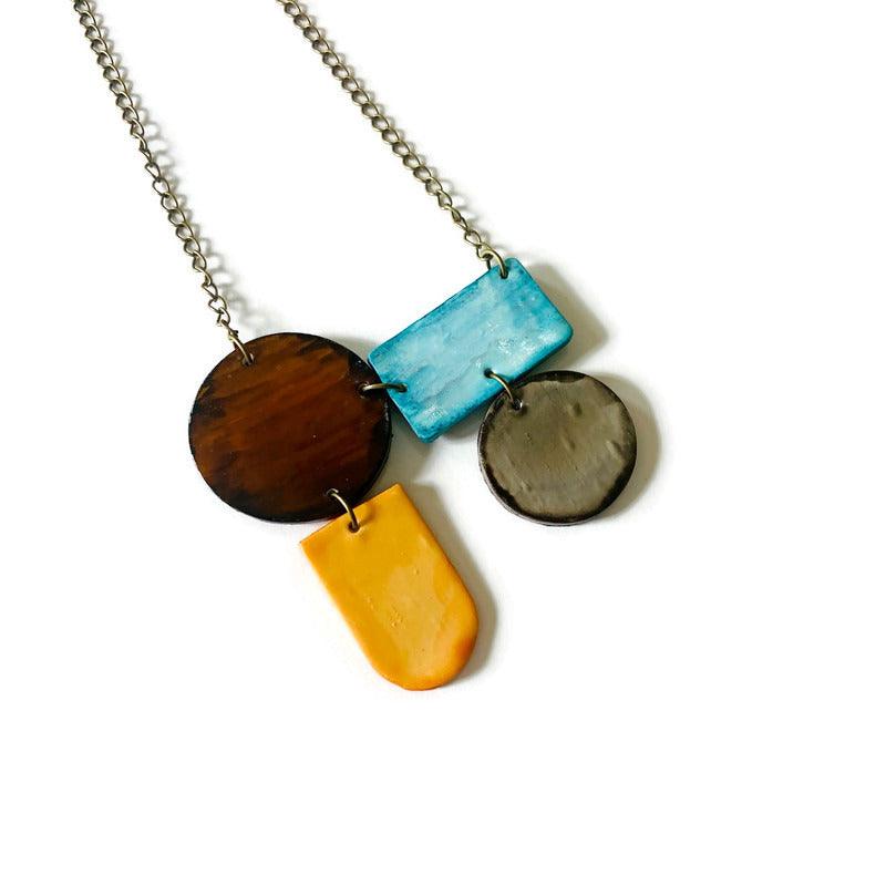 Unique Geometric Statement Necklace in Baby Blue, Peach, Brown & Grey - Sassy Sacha Jewelry