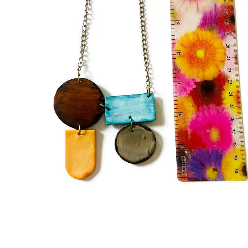 Unique Geometric Statement Necklace in Baby Blue, Peach, Brown & Grey - Sassy Sacha Jewelry