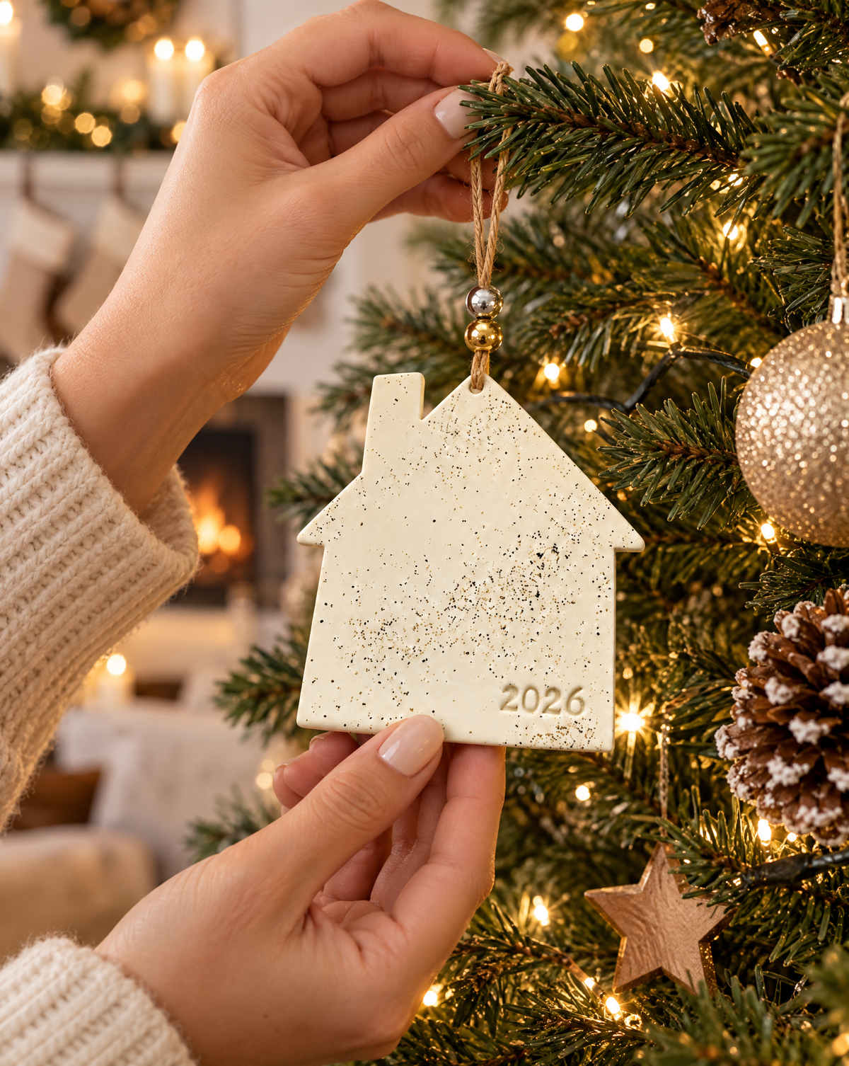 Handheld house-shaped cream speckled clay ornament with twine loop, gold bead, 2026
