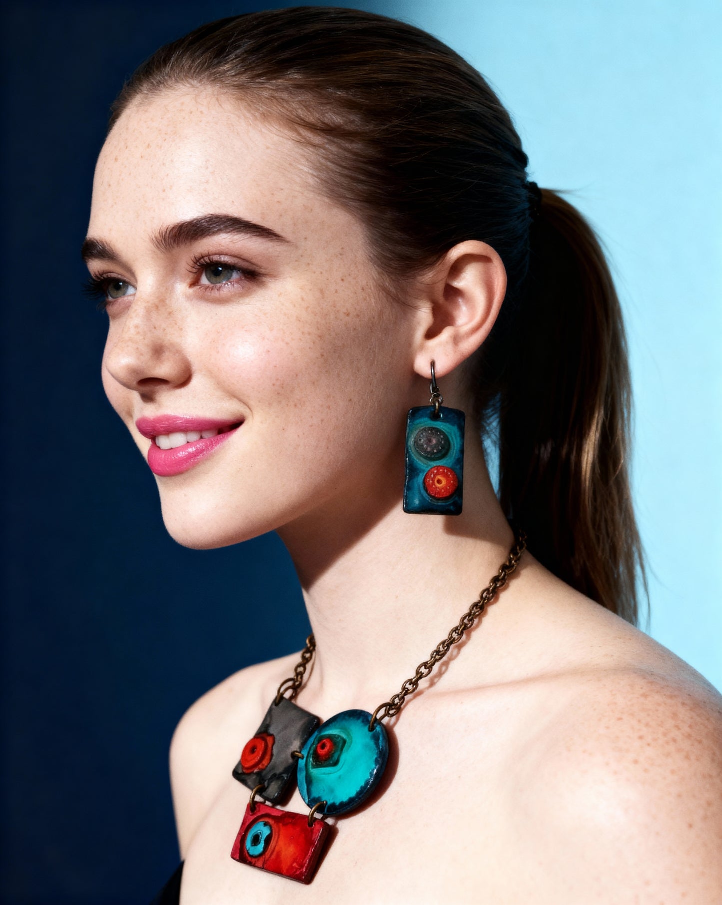 Modern Sculptural Statement Necklace, Grey, Teal & Orange, Handmade Polymer Clay