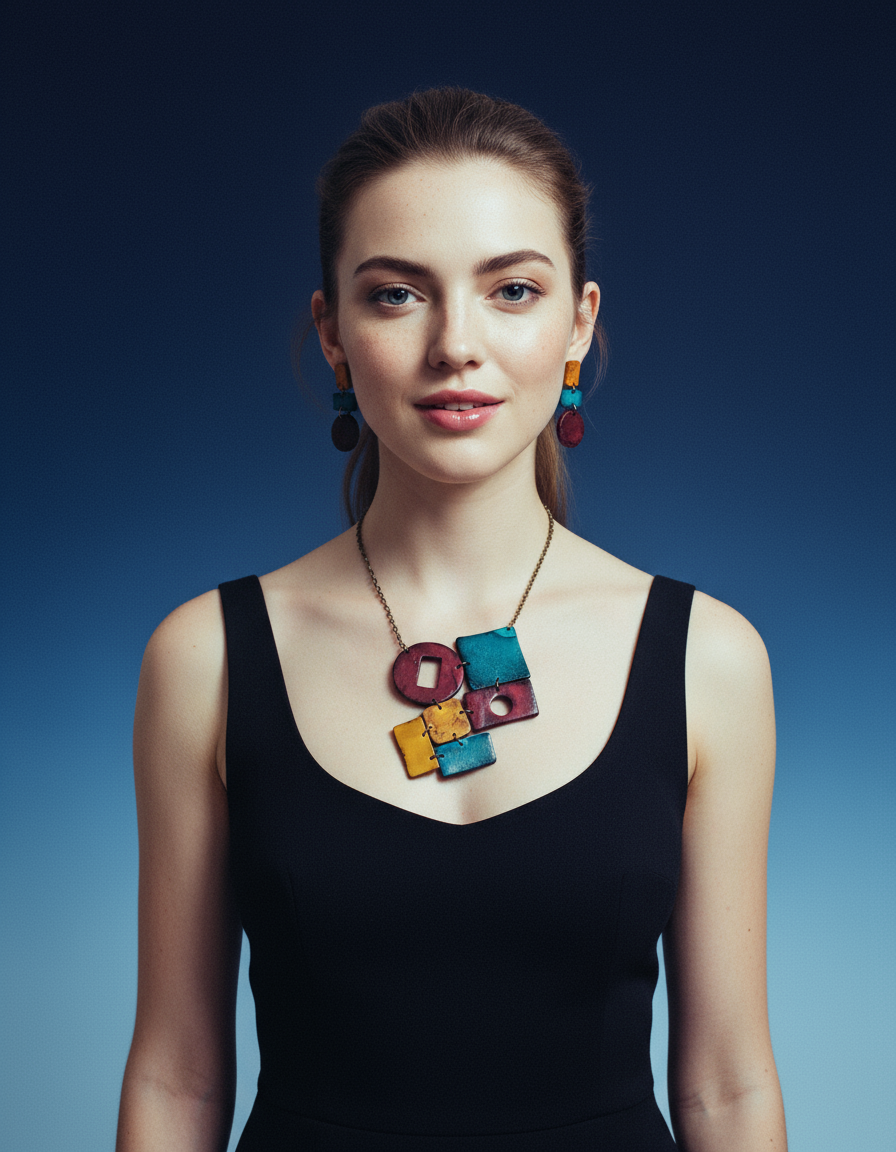 Geometric Statement Necklace, Maroon, Teal & Mustard Yellow, Handmade Polymer Clay