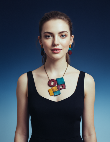 Geometric Statement Necklace in Maroon Teal & Mustard Yellow