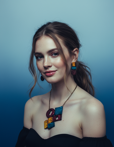 Geometric Statement Jewelry Set in Maroon, Mustard & Denim Blue