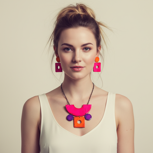 Retro Jewelry Set | Chunky Statement Necklace & Earrings in Neon Pink, Purple & Orange