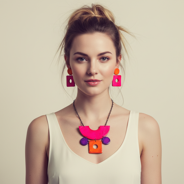 Geometric Statement Jewelry Set in Hot Pink, Purple Orange