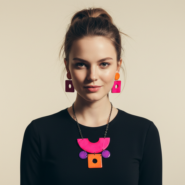 Geometric Statement Jewelry Set in Hot Pink, Purple Orange