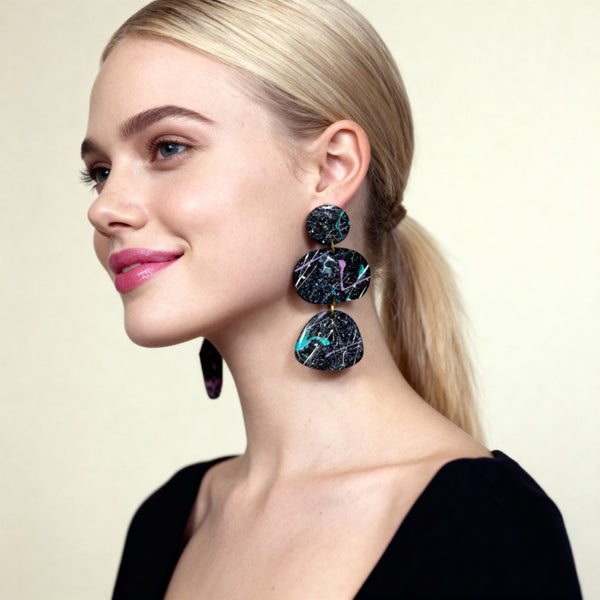 Wearable Art Clip On Earrings in Mustard Yellow and Paint Splash