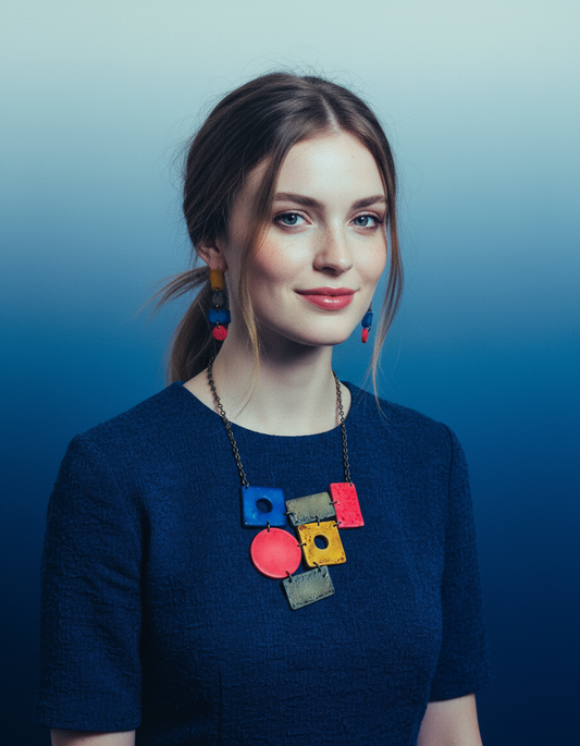 Colorful Statement Jewelry Set, Wide Necklace & Long Geometric Earrings, Pink Blue Yellow Grey