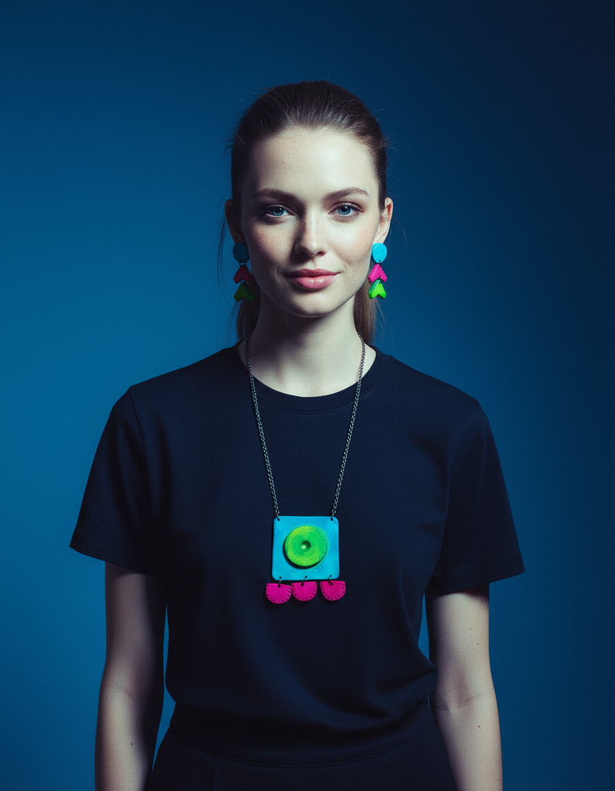 Large Neon Geometric Pendant Necklace, Handmade Polymer Clay, Post or Clip On Set