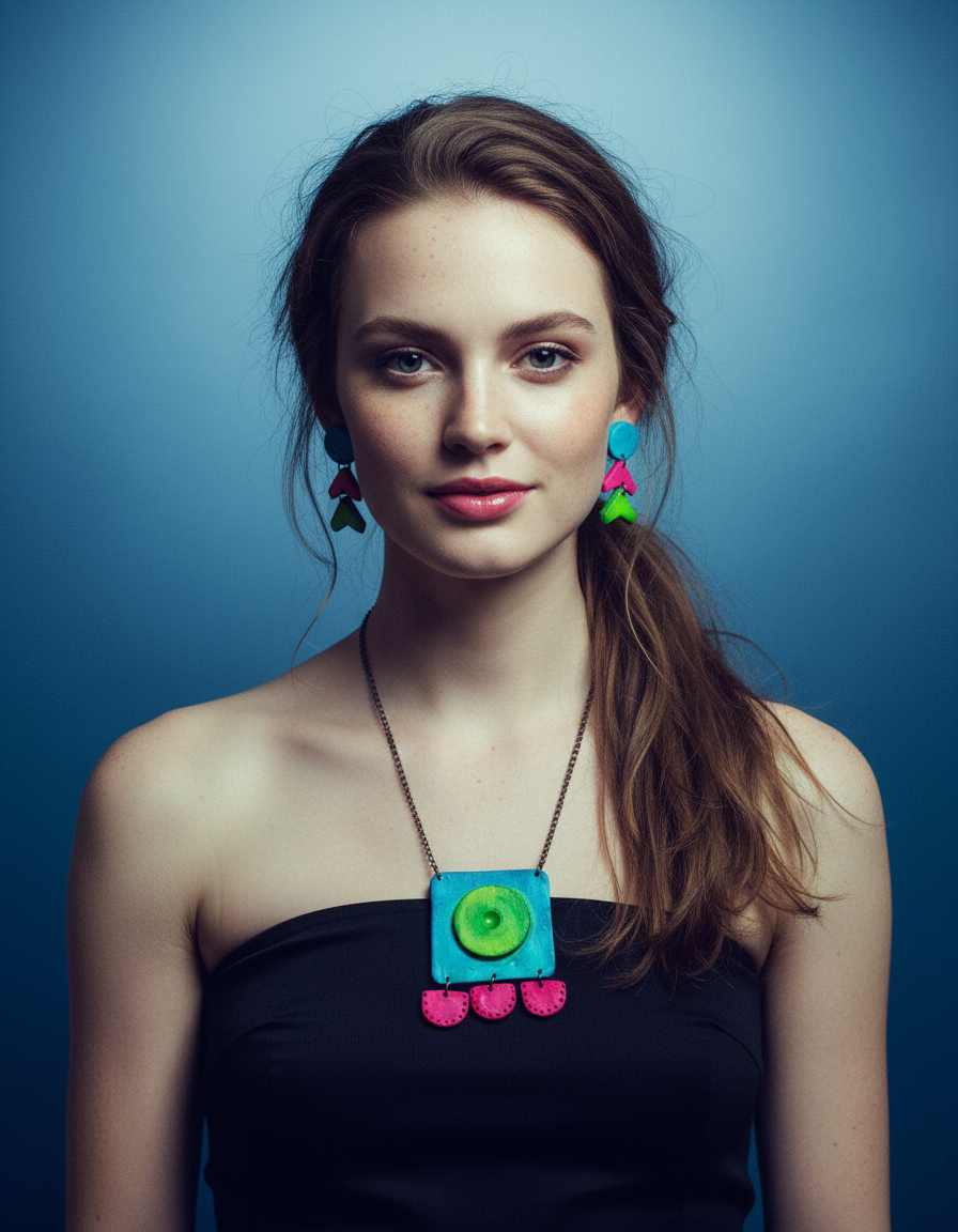 Large Neon Geometric Pendant Necklace, Handmade Polymer Clay, Post or Clip On Set