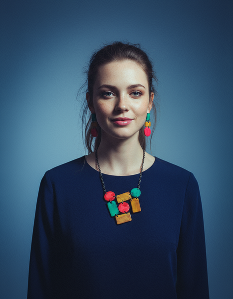 Artsy Statement Bib Necklace with Geometric Style Handmade from Clay & Painted