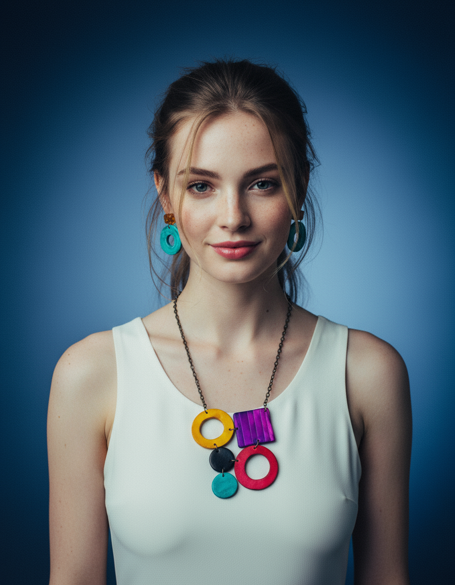 Bold Retro Statement Necklace with Multicolored Geometric Design, Clay Hand Painted