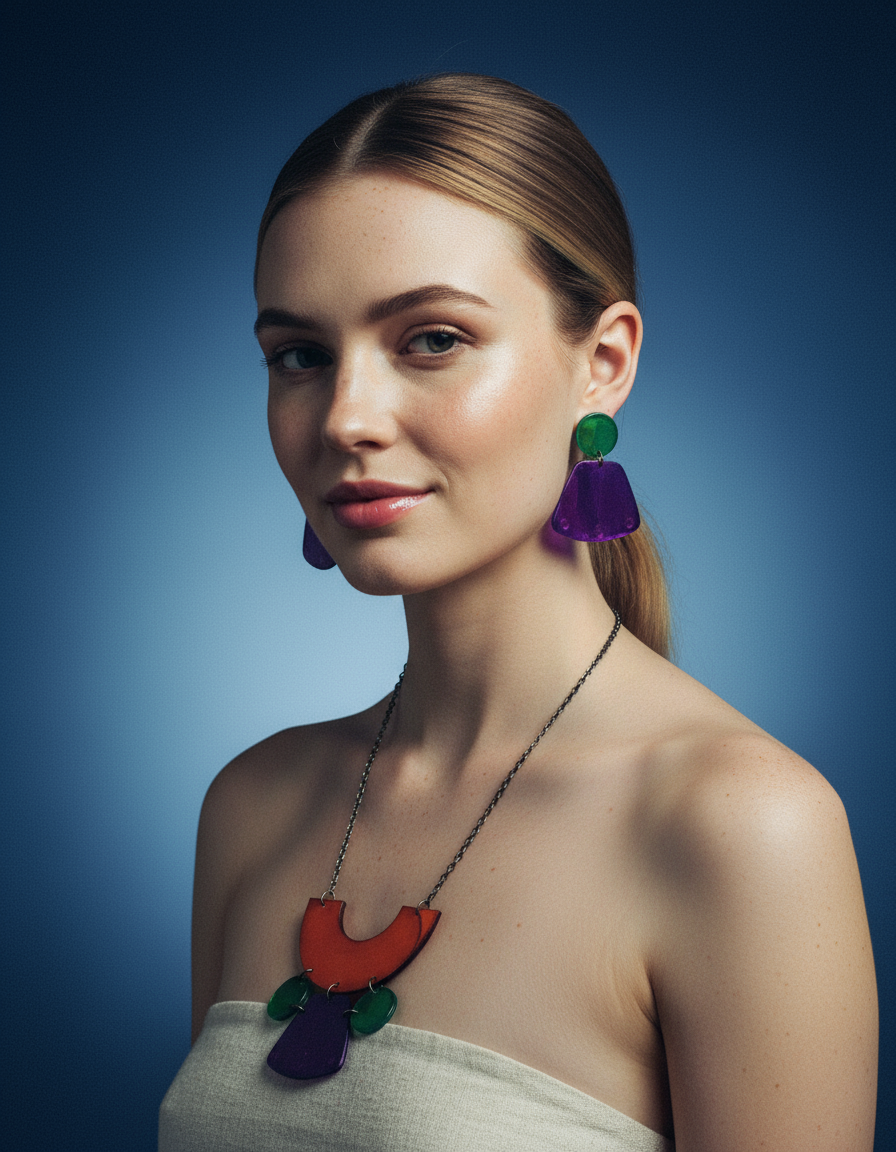 Wide Statement Earrings in Purple & Green- "Janet"