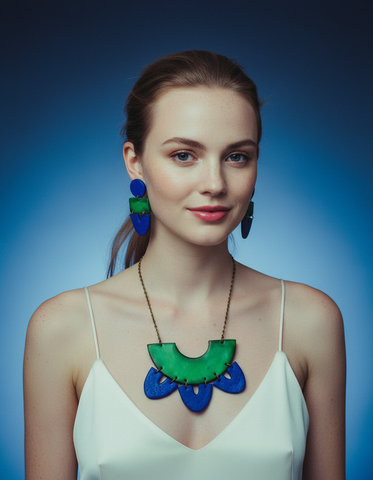 Artsy Statement Bib Necklace & Earring Set Handmade from Clay Painted Blue Green
