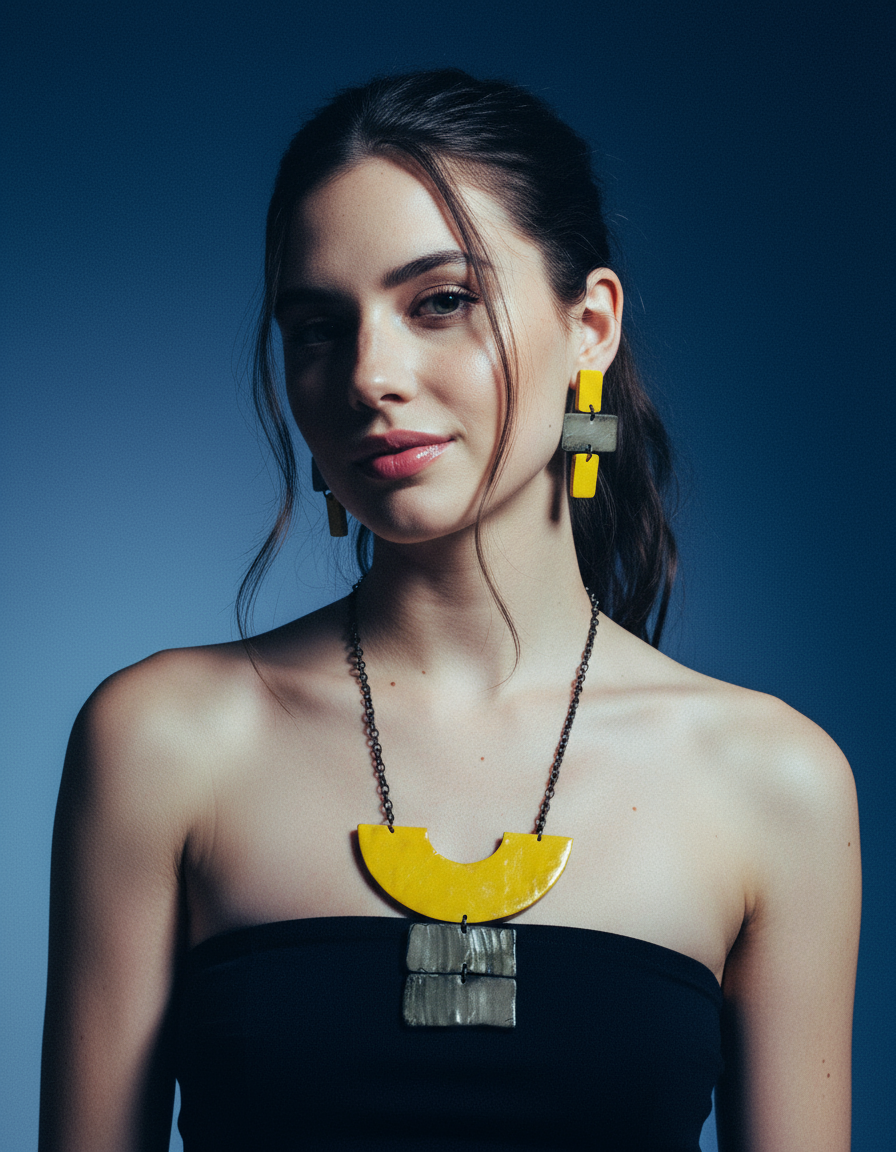 Chunky Geometric Statement Necklace, Post or Clip On Set – Handmade