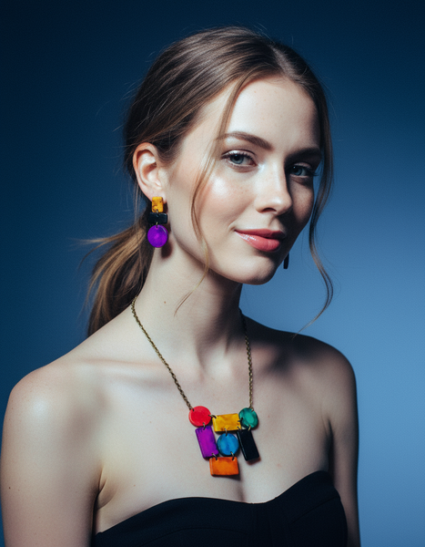 Abstract Geometric Jewelry Set with Statement Necklace & Long Drop Dangles or Clip On Earrings