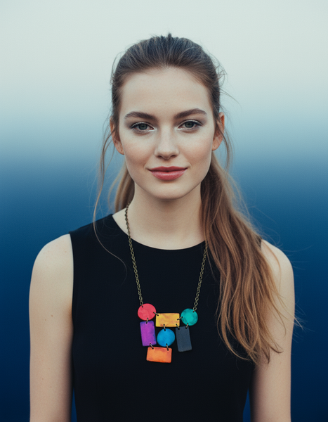 Abstract Geometric Jewelry Set with Statement Necklace & Long Drop Dangles or Clip On Earrings