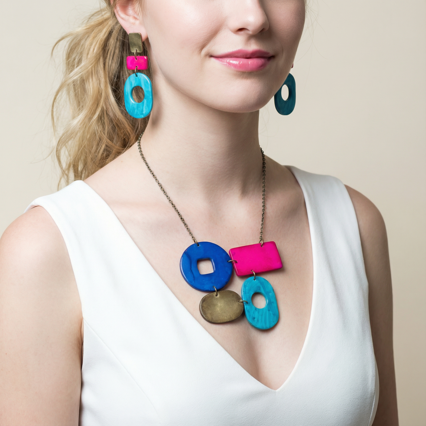 Long Colorful Earrings in Blue, Pink & Grey