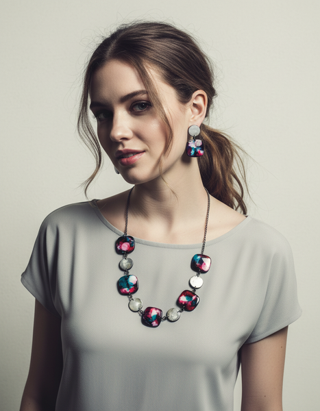 Bold Statement Earrings in Teal, Red & Silver