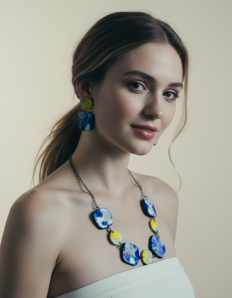 Trendy Statement Earrings in Royal Blue, Yellow & Silver