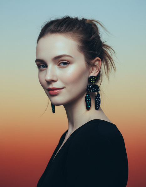 Long Black Statement Earrings with Colorful Polka Dots