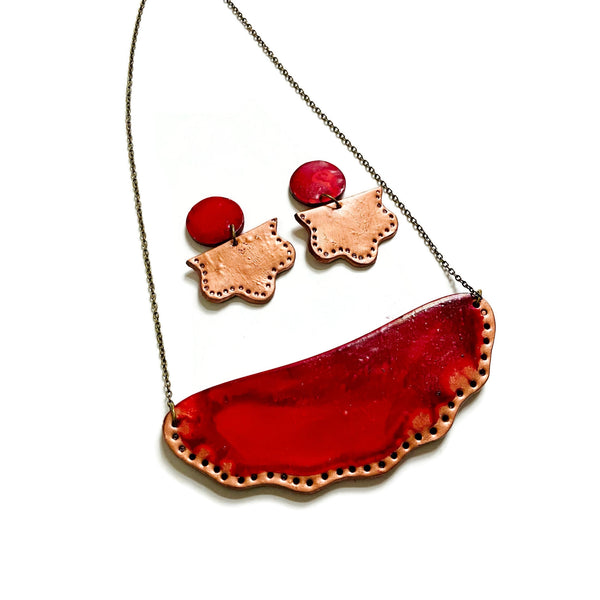 Gold & Red Statement Necklace with Matching Earring Set