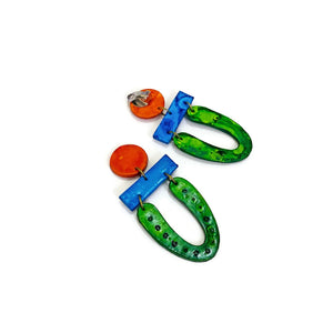 Extra Long Colorful Clip On Earrings in Green Blue Orange- "Roxy"