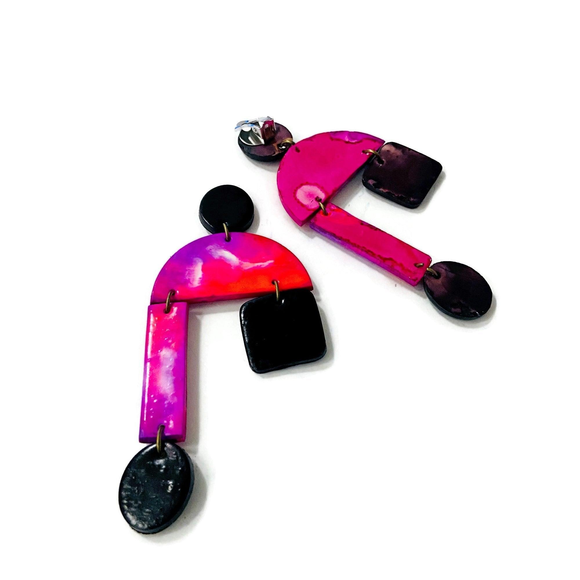 80s Oversized Clip On Earrings in Marble Hot Pink & Black - Sassy Sacha Jewelry