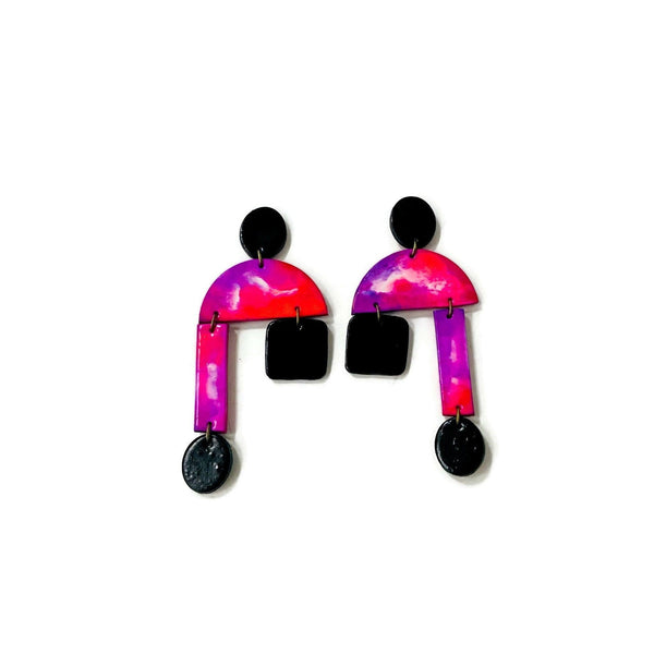 80s Oversized Clip On Earrings in Marble Hot Pink & Black - Sassy Sacha Jewelry