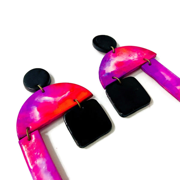 80s Oversized Clip On Earrings in Marble Hot Pink & Black - Sassy Sacha Jewelry