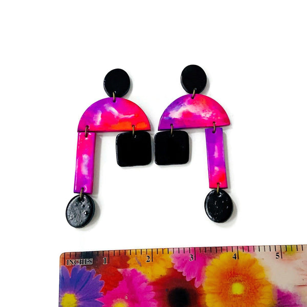 80s Oversized Clip On Earrings in Marble Hot Pink & Black - Sassy Sacha Jewelry