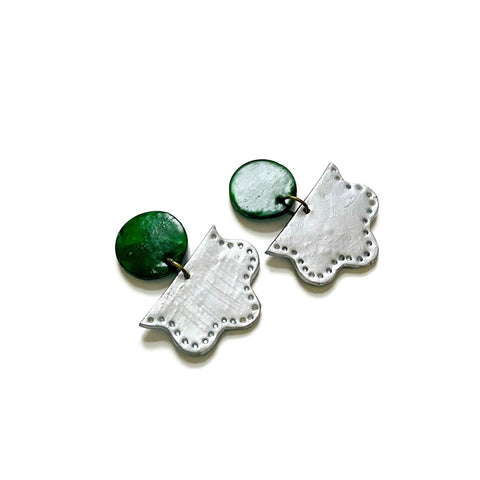 Green & Silver Statement Earrings Post or Clip On- "Tammy"