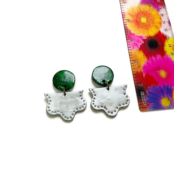 Green & Silver Statement Earrings Post or Clip On- "Tammy"