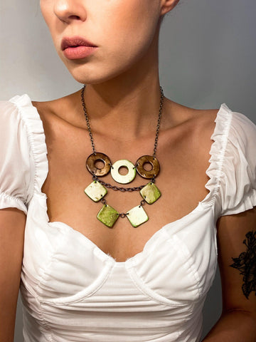 Layered Statement Necklace in Chartreuse Green, Bronze & Gold - Sassy Sacha Jewelry