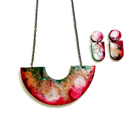 Abstract Alcohol Ink Jewelry Set in Red, Gree, Silver, Copper. Fluid Art Jewelry - Sassy Sacha Jewelry