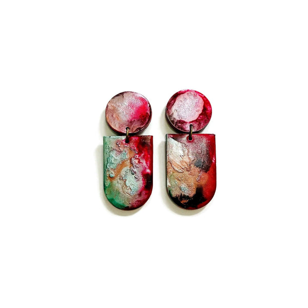 Abstract Alcohol Ink Jewelry Set in Red, Gree, Silver, Copper. Fluid Art Jewelry - Sassy Sacha Jewelry