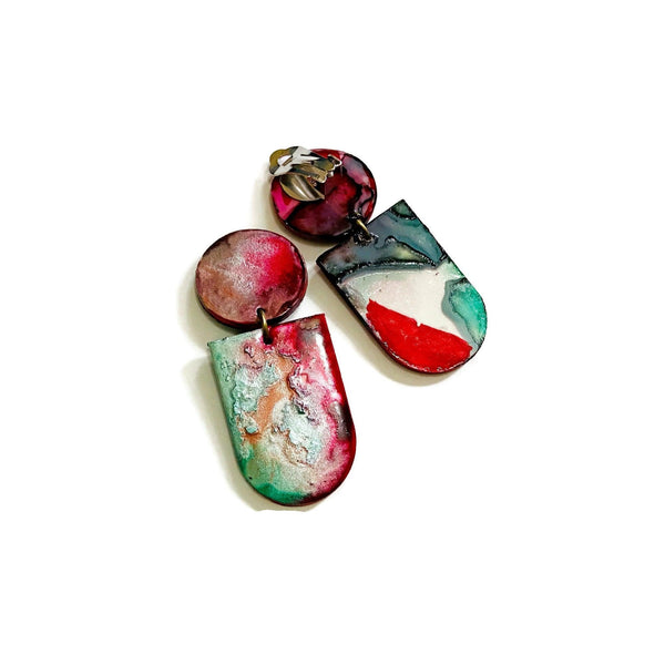 Abstract Alcohol Ink Jewelry Set in Red, Gree, Silver, Copper. Fluid Art Jewelry - Sassy Sacha Jewelry