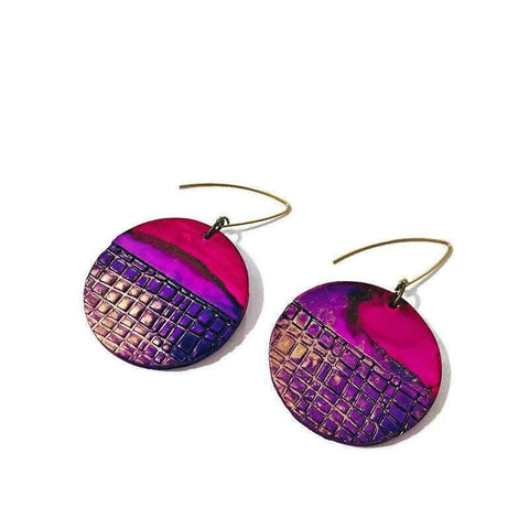 Alcohol Ink Earrings Pink Purple & Gold, Large Disc Dangles- "Megan" - Sassy Sacha Jewelry