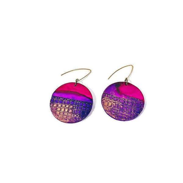 Alcohol Ink Earrings Pink Purple & Gold, Large Disc Dangles- "Megan" - Sassy Sacha Jewelry