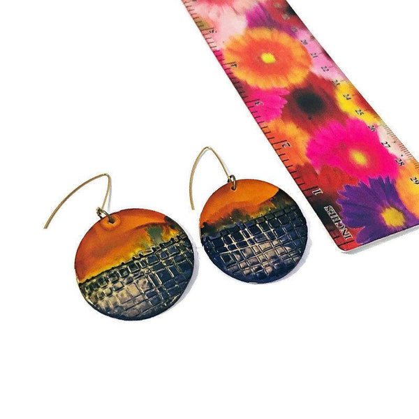 Alcohol Ink Earrings Pink Purple & Gold, Large Disc Dangles- "Megan" - Sassy Sacha Jewelry