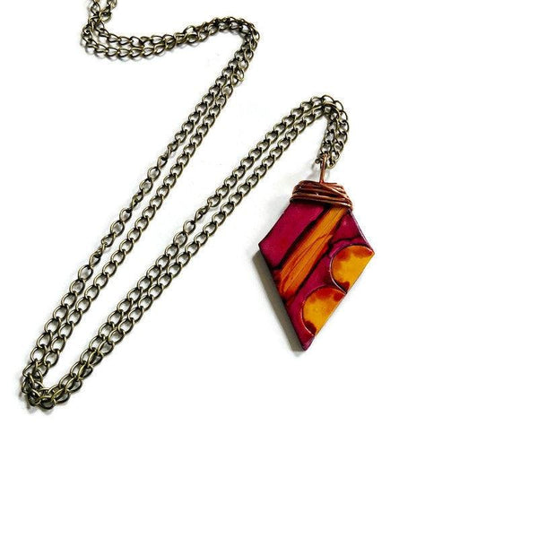 Artisan Painted Pendant in Maroon & Mustard Yellow - Sassy Sacha Jewelry