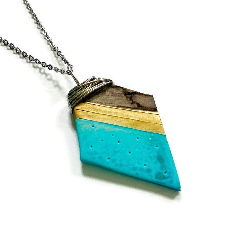 Artsy Polymer Clay Pendant Painted Turquoise Gold Grey, - Sassy Sacha Jewelry