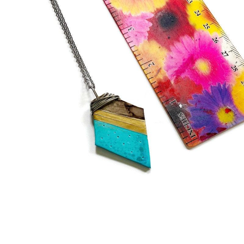 Artsy Polymer Clay Pendant Painted Turquoise Gold Grey, - Sassy Sacha Jewelry
