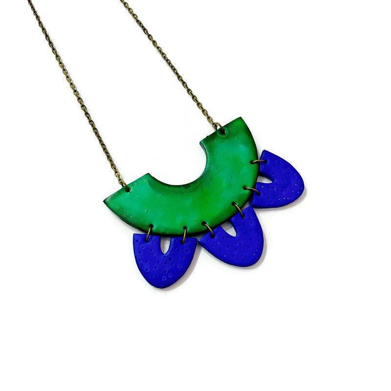 Artsy Statement Bib Necklace & Earring Set Handmade from Clay Painted Blue Green - Sassy Sacha Jewelry