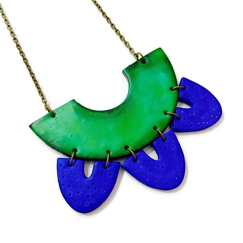 Artsy Statement Bib Necklace & Earring Set Handmade from Clay Painted Blue Green - Sassy Sacha Jewelry