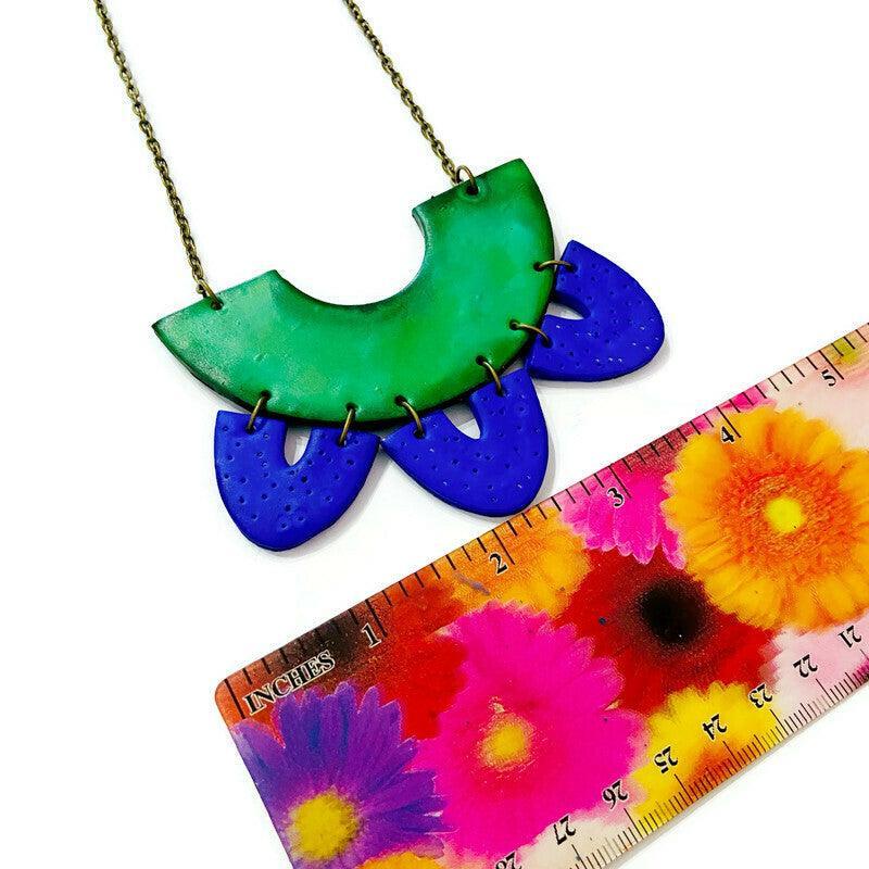 Artsy Statement Bib Necklace & Earring Set Handmade from Clay Painted Blue Green - Sassy Sacha Jewelry