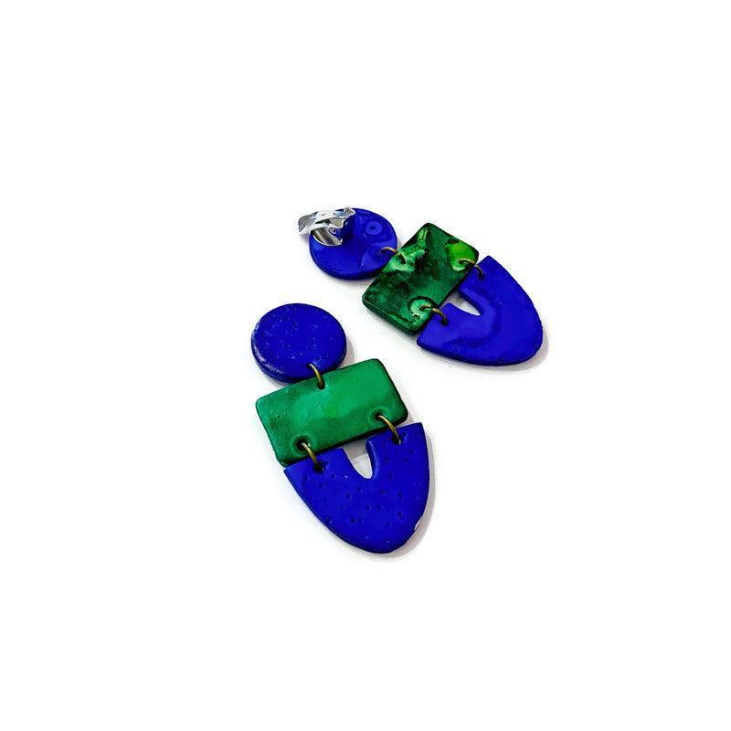 Artsy Statement Bib Necklace & Earring Set Handmade from Clay Painted Blue Green - Sassy Sacha Jewelry