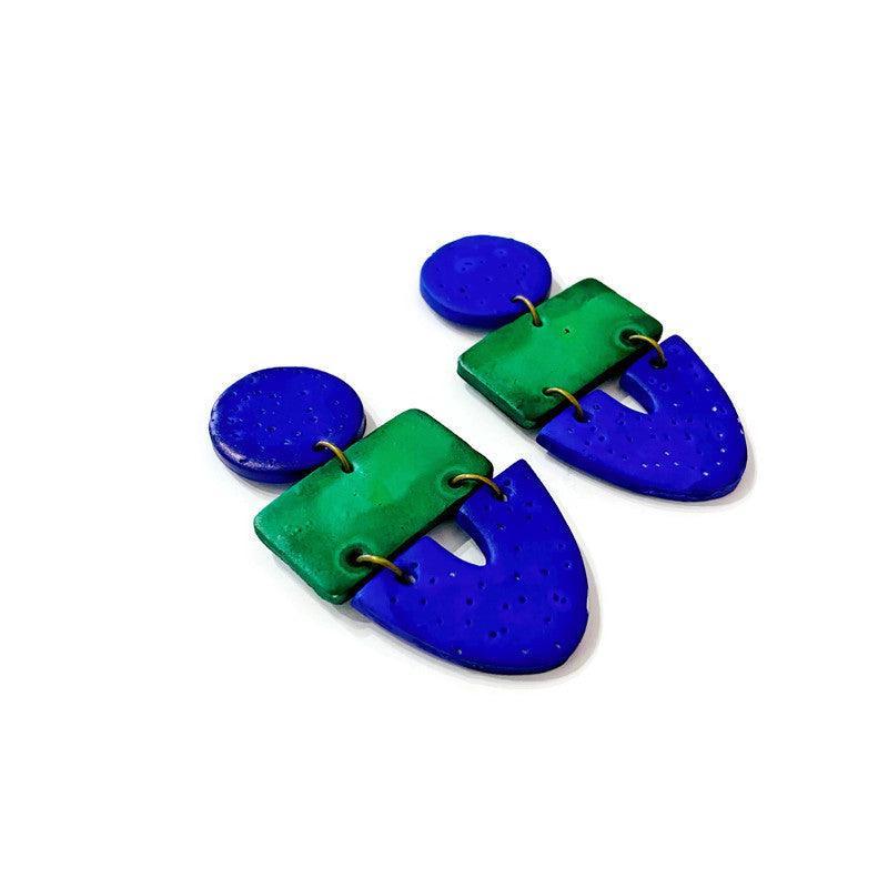 Artsy Statement Bib Necklace & Earring Set Handmade from Clay Painted Blue Green - Sassy Sacha Jewelry